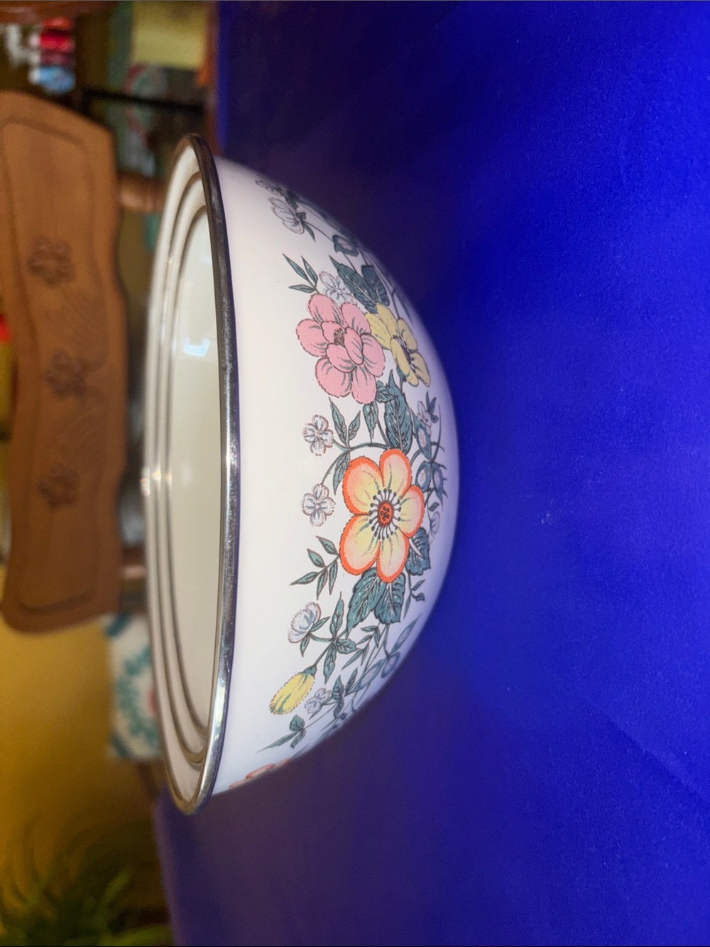 Vintage White Floral Enamel Mixing Bowls with Yellow, Pink, Orange Flowers - Picture 5 of 6